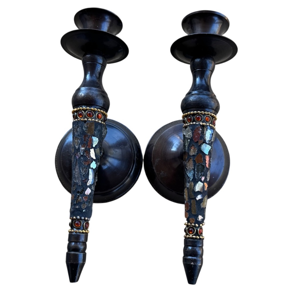 vintage brass wall sconce candle holders with a mosaic inlay